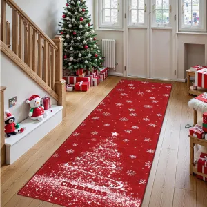 Washable Christmas 2x10 Runner Rugs for Hallway Non-Slip Christmas Carpet Runner, Non-Shedding Low Pile Bedside Rugs, Holiday Rug with Christmas Tree Snowflake Rug for Entryway Kitchen, Red
