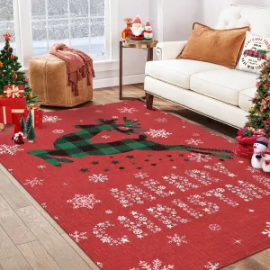 Christmas Rug with Snow Reindeer Area Rugs for Living Room Soft Low Pile Washable Rug for Home Decor Indoor Non Slip Carpet Red 5*7Ft