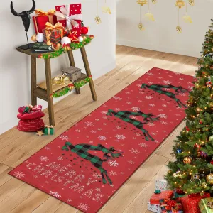 Christmas Rug Snow Reindeer Area Rug Soft Low Pile Washable Non-Slip Red 2x10Ft Living Room Decor