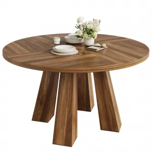 Farmhouse 47" Wood Round Dining Room Table with Sturdy Base Suitable for 4-6 Peaple, Walnut