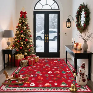 Christmas Area Rug 4x6 Washable Xmas Rug Non-Slip Soft Carpet for Living Room Bedroom Entryway, Snowflake Tree Deer Snowman Design