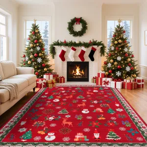 Christmas Living Room Rug 8x10 Washable Non Slip Low Pile Stain Resistant Red