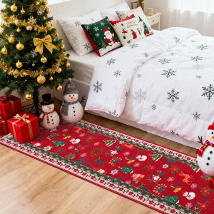 Christmas Runner Rug 2x6 Non-Slip Washable Xmas Carpet with Snowman Santa Claus Deer Floral Design for Hallway Kitchen Bathroom, Red & Green