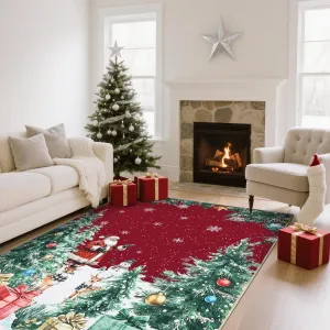 5x7 Modern Red Christmas Rug with Snow & Tree Print Ultra-Soft Thin Floor Mat Non-Slip Washable for Bathroom Bedroom Living Room Decor
