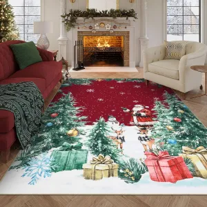 9x12 Modern Red Christmas Rug with Snow & Tree Print, Ultra-Soft Thin Floor Mat for Bathroom, Bedroom, Living Room Decor