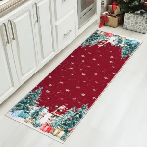 2x6 Modern Red Christmas Rug with Snow & Tree Print, Ultra-Soft Thin Floor Mat, Non-Slip & Washable for Bathroom, Bedroom, and Living Room Decor