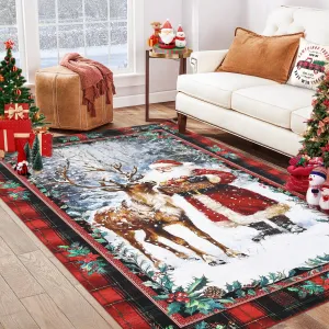 Christmas Kitchen Rugs and Mats Santa Claus Elk Non Slip Rugs Christmas Floor Mats for Kitchen Home Hallway Holiday Decor Red 4*6Ft