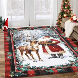 Christmas Kitchen Rugs and Mats Santa Claus Elk Non Slip Rugs Christmas Floor Mats for Kitchen Home Hallway Holiday Decor Red 6*9Ft