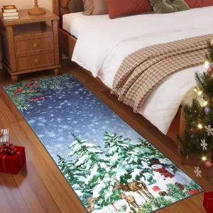Christmas Runner Rug 2x8 Non-Slip Washable Polyester Low Pile Soft Faux Wool Cozy Holiday Floor Mat for Hallway Bedroom Living Room