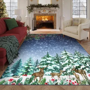Christmas Living Room Rug 8x10 Non-Slip Washable Polyester Low Pile Stain-Resistant Soft Faux Wool Holiday Decor for Bedroom Dining Room