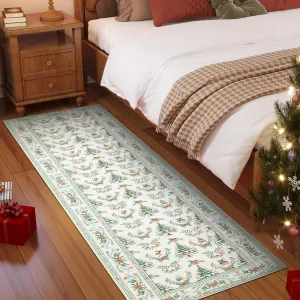 Distressed Christmas Beige 2x10 Low Pile Non-Slip Machine Washable & Foldable Rug for Living Room, Bedroom, Entryway & Holiday Gatherings
