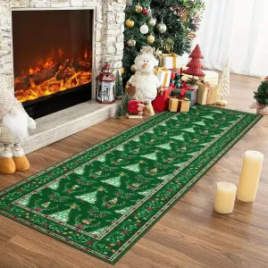 Distressed Christmas Green 2x6 Low Pile Non-Slip Machine Washable & Foldable Rug for Living Room, Bedroom, Entryway & Holiday Gatherings