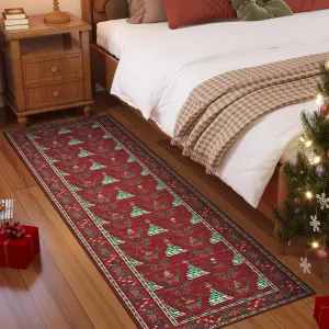Distressed Christmas Red 2x8 Low Pile Non-Slip Machine Washable & Foldable Rug for Living Room, Bedroom, Entryway & Holiday Gatherings