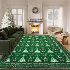 Distressed Christmas Green 5x7 Low Pile Non-Slip Machine Washable & Foldable Rug for Living Room, Bedroom, Entryway & Holiday Gatherings