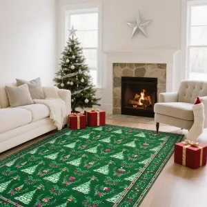 Distressed Christmas Green 8x10 Low Pile Non-Slip Machine Washable & Foldable Rug for Living Room, Bedroom, Entryway & Holiday Gatherings