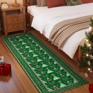 Distressed Christmas Green 2x10 Low Pile Non-Slip Machine Washable & Foldable Rug for Living Room, Bedroom, Entryway & Holiday Gatherings