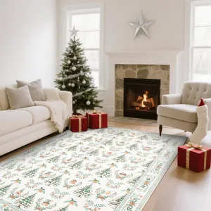 Distressed Christmas Beige 4x6 Low Pile Non-Slip Machine Washable & Foldable Rug for Living Room, Bedroom, Entryway & Holiday Gatherings