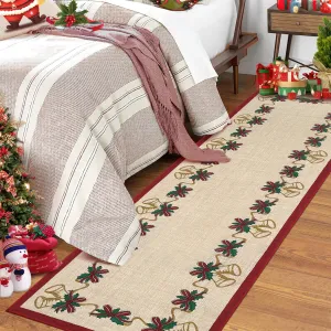 Christmas Runner Rugs, Beige 2'x8' Bells Holly Berry Ribbon Garland Traditions Throw Carpet for Living Room Bedroom Kitchen Office Hallway Entryway