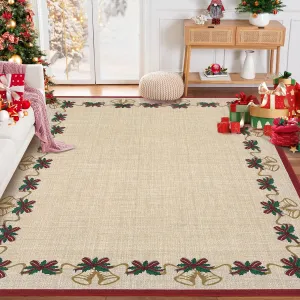 Christmas Area Rugs, Beige 4'x6' Bells Holly Berry Ribbon Garland Traditions Throw Carpet for Living Room Bedroom Kitchen Dining Room Nursery Office