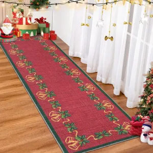 Christmas Runner Rugs, Red 2'x6' Bells Holly Berry Ribbon Garland Traditions Throw Carpet for Living Room Bedroom Kitchen Office Hallway Entryway