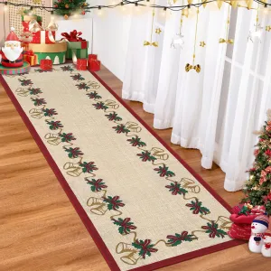 Christmas Runner Rugs, Beige 2'x10' Bells Holly Berry Ribbon Garland Traditions Throw Carpet for Living Room Bedroom Kitchen Office Hallway Entryway