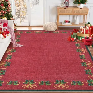 Christmas Area Rugs, Red 5'x7' Bells Holly Berry Ribbon Garland Traditions Throw Carpet for Living Room Bedroom Kitchen Dining Room Nursery Office