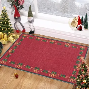Christmas Area Rugs, Red 2'x3' Bells Holly Berry Ribbon Garland Traditions Throw Carpets for Living Room Bedroom Kitchen Dining Room Nursery Office