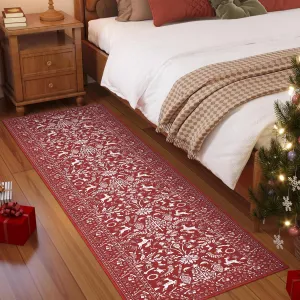 Traditional Christmas Red 2x6 Heavy Duty Washable Non-Slip & Stain Resistant Rug for Fireplace, Living Room, Entryway Holiday Decor