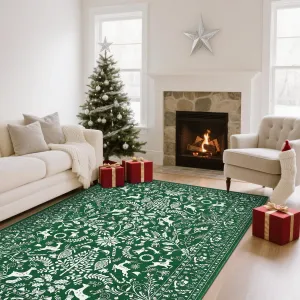 Traditional Christmas Green 5x7 Heavy Duty Washable Non-Slip & Stain Resistant Rug for Fireplace, Living Room, Entryway Holiday Decor