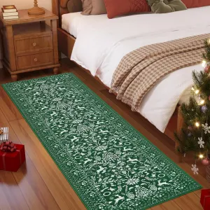 Traditional Christmas Green 2x6 Heavy Duty Washable Non-Slip & Stain Resistant Rug for Fireplace, Living Room, Entryway Holiday Decor