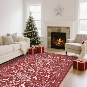 Traditional Christmas Red 9x12 Heavy Duty Washable Non-Slip & Stain Resistant Rug for Fireplace, Living Room, Entryway Holiday Decor