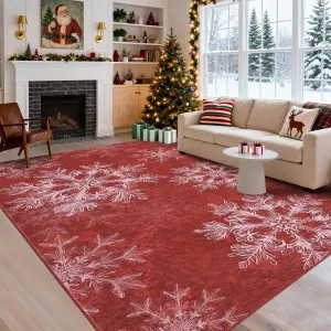 Christmas Large Living Room Area Rug 8x10 Red - Machine Washable Snowflake Rug Non-Shedding Low Pile Farmhouse Carpet for Bedroom Nursery Classroom Dorm
