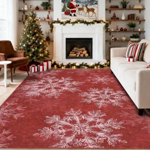 Christmas Large Area Rug 9x12 Red Machine Washable Low Pile Soft Carpet for Living Room Bedroom Kitchen Dining Home Office Decor