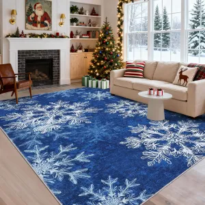 Christmas Washable Rugs Snowflake Rug Non Slip 9'x12' Blue for Living Room Bedroom Nursery