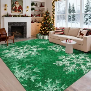 Christmas Living Room Rug 5x7 Green Non Slip Washable Soft Low Pile Snowflake Area Rug for Bedroom Dining Room