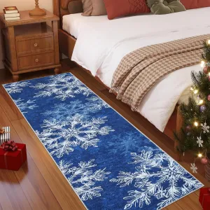 Christmas Runner Rug 2x8 Washable Non Slip Xmas Snowflake Printed Soft Low Pile Blue
