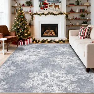 Christmas Large Area Rug 9x12 Grey Machine Washable Low Pile Soft Carpet Xmas Snowflake Non-Slip for Living Room Bedroom Kitchen Dining Home Office