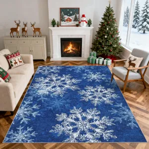 Christmas Area Rug 4x6 - Machine Washable Snowflake Non-Slip Entryway Rug, Blue, Soft Low Pile, Stain Resistant for Living Room, Hallway, Bedroom, Kitchen, Nursery