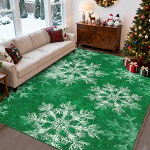 Washable Rug 4x6 Christmas Rug Non Slip Snowflakes Holiday Carpet Green for Living Room Bedroom Dining Room Nursery