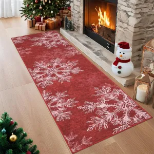 Christmas Washable Runner Rug 2x8 Non Slip Kitchen Rugs Snowflake Red Indoor Entryway Rug Farmhouse Soft Bath Mat Stain Resistant Carpet 2'x8' Red