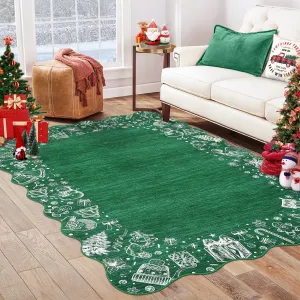 Christmas Area Rug Washable Scalloped Bedroom Carpet with Non-Slip Backing, Non-Shedding Low Pile Indoor Floor Carpet, Foldable Accent Rug for Living Room, Nursery