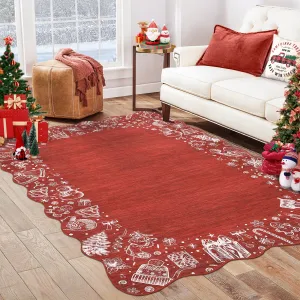 Christmas Area Rug Washable Scalloped Bedroom Carpet with Non-Slip Backing, Non-Shedding Low Pile Indoor Floor Carpet, Foldable Accent Rug for Living Room, Nursery
