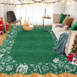 Christmas Area Rug Washable Scalloped Bedroom Carpet with Non-Slip Backing, Non-Shedding Low Pile Indoor Floor Carpet, Foldable Accent Rug for Living Room, Nursery