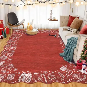 Christmas Area Rug Washable Scalloped Bedroom Carpet with Non-Slip Backing, Non-Shedding Low Pile Indoor Floor Carpet, Foldable Accent Rug for Living Room, Nursery