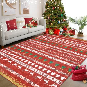 Bohemian Christmas Rug Machine Washable Indoor Holiday Mat Soft Skin-Friendly Pet & Baby Safe Xmas Decor