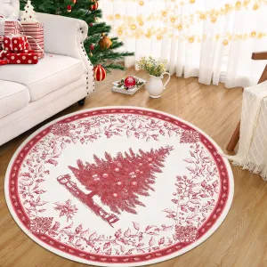 Christmas Round Area Rug with Tree Print, Non-Slip & Washable, Soft Terrycloth Fabric, Foldable & Kid-Friendly, 4Ft Diameter, Nursery & Living Room