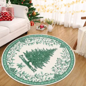 Christmas Round Area Rug 4Ft - Christmas Tree Print, Non-Slip Rubber Backing, Washable, Soft Terrycloth Fabric, Foldable, Kid & Pet-Friendly, Living Room Nursery