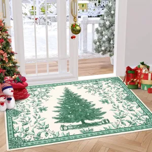 Christmas Rug 2x3 with Tree Print Non-Slip Soft Terrycloth Fabric Washable Indoor Door Mat for Entryway Kitchen Bathroom