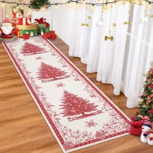 Christmas Runner Rug 2x6 with Christmas Tree Print, Non-Slip & Washable, Terrycloth Fabric, Stain Resistant & Foldable, Red, Indoor Hallway & Bedroom