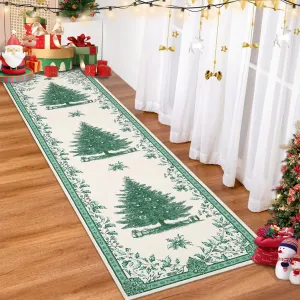 Christmas Runner Rug 2x6 with Christmas Tree Print, Non-Slip TPR Backing, Washable, Ultra-Thin Fabric, Foldable, Kid & Pet-Friendly, Indoor Hallway & Bedroom